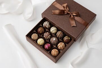Opened present box filled with assorted handmade chocolate bonbons. Contemporary hand-decorated chocolate sweets. Concept for a chocolate maker