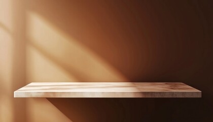 Empty Table Against Bright Brown Wall With Abstract Lighting: Ideal For Presentations, Branding Products, Cosmetics, Food, And Jewelry Mockups.