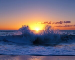 Fototapeta premium Crashing wave sending spray into glowing evening sky