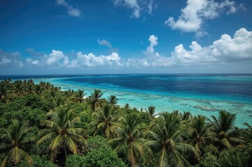Aerial perspective of vibrant palm trees surrounding a stunning turquoise lagoon and expansive ocean, depicting a perfect tropical getaway in untouched wilderness.