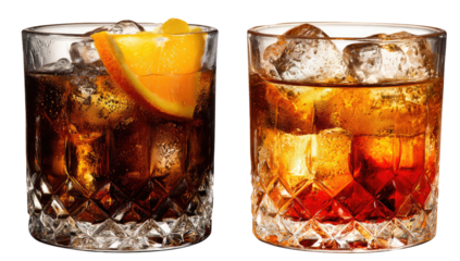 Two identical rocks glasses filled with a dark amber cocktail.  Orange slice atop ice in each.  Cut glass