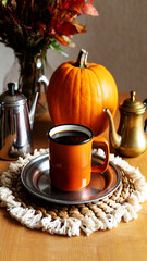 Fototapeta premium Autumnal still life with pumpkin coffee and floral arrangement fall