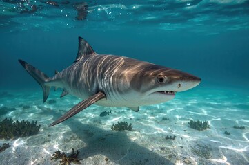 Fototapeta premium Picture of a Tiger Shark swimming over a sandy seabed in crystal clear water, showing its distinct stripes.