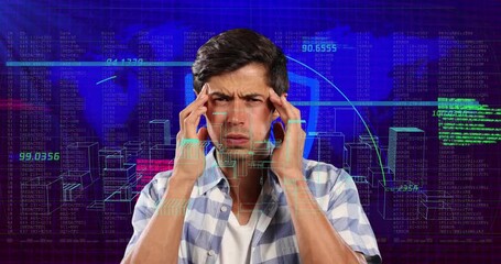 Animation of digital city and data processing over caucasian man thinking - Powered by Adobe