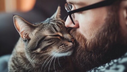 Bearded Man'S Head Being Licked By Tabby Cat In Living Room: Exploring Human-Animal Relationships, Pet Care, And Adoption. Enjoyable Home Member. Celebrating Our Feline Friends. Adopted Family Pet.