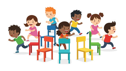 Children Playing Musical Chairs: Vibrant depiction of children joyfully engaged in a game of musical chairs, embodying childhood delight and active play.