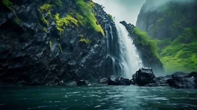 A fierce waterfall cascading down jagged dark cliffs, framed by rich green moss and deep shadows, crashing into a swirling, frothy blue pool, overcast sky adding a moody atmosphere, full-frame, - Powered by Adobe