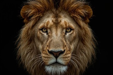 Fototapeta premium Close-up of a Wild Lion's Face Against a Dark Backdrop