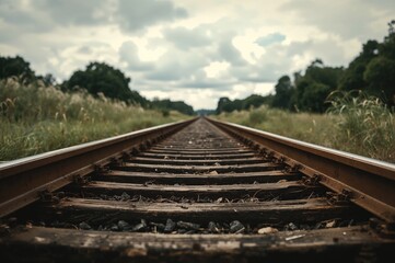 Fototapeta premium Vintage wooden sleepers on railway track with natural grass and sky background