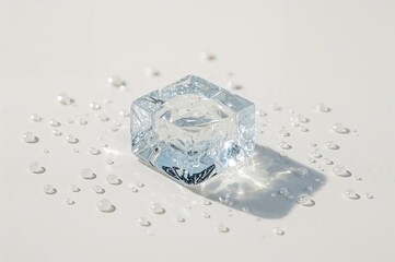 Close-up of a transparent ice cube with water droplets on a surface