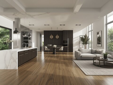 Modern Open Concept Kitchen and Living Room Design,
Luxury Open Floor Plan Interior with Natural Light,
Contemporary Kitchen and Living Area with Sleek Finishes,modern living room