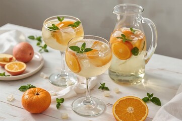 Autumn white sangria featuring apples, orange, and mint served in champagne flutes and a jug on a white wooden surface with space for text