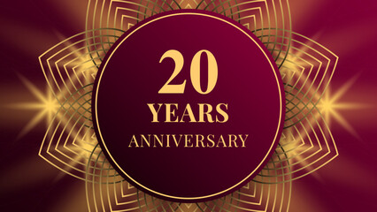 Elegant 20 years anniversary banner in burgundy gradient with golden mandala pattern, circular frame, and glowing light flares. Luxurious festive design for milestone celebration.