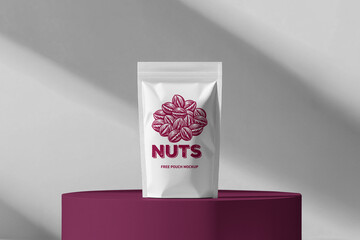 White stand up pouch mockup with nuts design product packaging template for food branding isolated on studio background