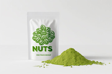 Mockup of a white stand-up pouch for nuts featuring a green nut illustration ideal for product presentations and branding