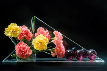 A vibrant arrangement of yellow and pink carnations in a transparent triangular vase, accented by deep purple glass orbs, creating a sophisticated floral display against a dark backdrop.