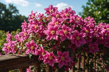 Fototapeta premium Outdoor railing adorned with pink Clematis Remembrance vine blossoms basking in sunlight