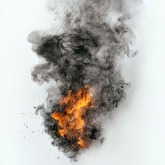 Fiery eruption of orange flames and dark smoke against a white backdrop