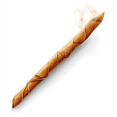 Long, light brown wooden staff, wrapped in leaves, emitting wisps of smoke