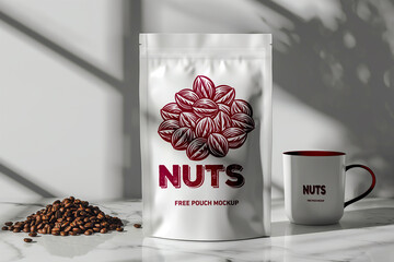 Mockup of a stand-up pouch with nuts design alongside a matching mug showcasing product branding and packaging