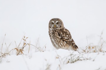 Short-eared owl resting on a snowy field with a plain white backdrop