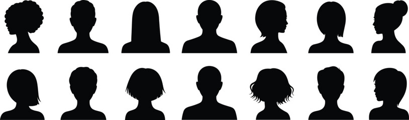 Silhouette hairstyle collection, diverse head profiles, gender-neutral haircuts, black vector heads, fashion design, character reference, hairstyle variety, editable icons