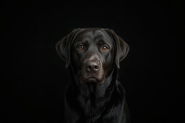 Fototapeta premium Portrait of a dark-colored Labrador against a shadowy background