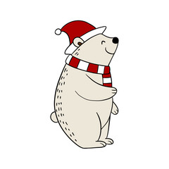 Cute Christmas bear in festive outfit with holiday decorations. Adorable winter illustration 