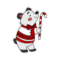 Cute Christmas bear in festive outfit with holiday decorations. Adorable winter illustration 