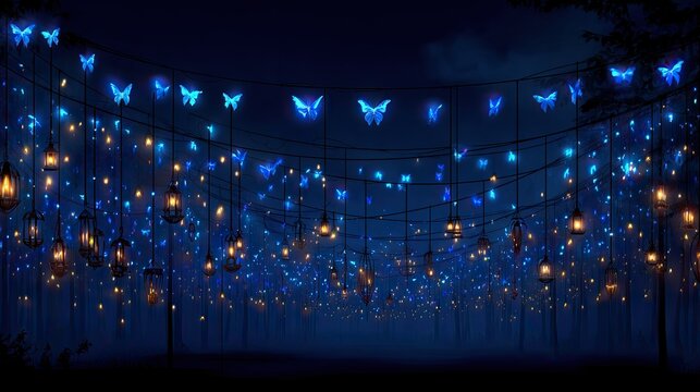 Nighttime fairy lights, butterflies, lanterns - Powered by Adobe