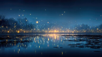 Night lights reflecting on a still lake, glowing softly