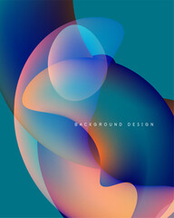 Abstract fluid shapes overlap, creating vibrant color gradients. Design features teal, orange, purple hues. Modern background element.