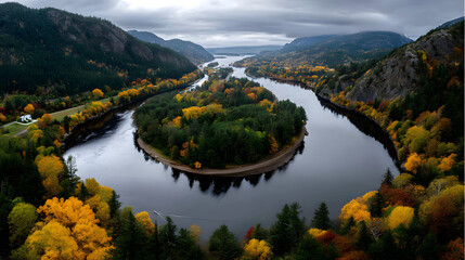Obraz premium A panoramic view of a meandering river surrounded byvibrant autumn trees, withmountains and misty skies n the background.