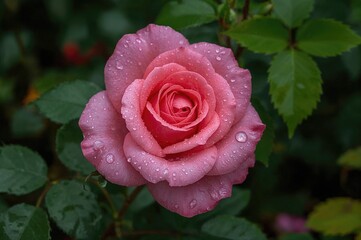 Stunning pink rose covered in raindrops, petals glistening in a damp garden, symbolizing freshness and tranquility during the rainy season, epitome of love's beauty