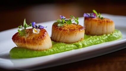 Gourmet seared scallops served on a bed of vibrant green pea puree