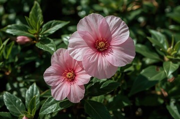 Green leaves adorned with pink blossoms