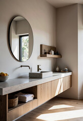 Fototapeta premium A serene and minimalist modern bathroom with a chic concrete vessel sink, a large round mirror, and a sleek wall-mounted faucet for a tranquil, organic feel. 