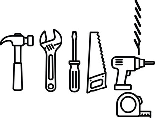 Essential Tools Vector Line Icon Set - Minimalist black and white outline illustrations of a hammer, wrench, screwdriver, saw, and drill for construction and DIY projects.