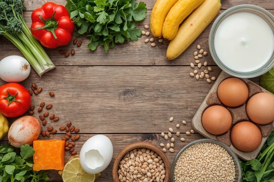Concept of an ovo-lacto vegetarian eating plan featuring fruits, veggies, dairy, eggs, seeds, healthy fats, and grains