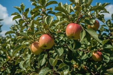 Obraz premium Fresh apples growing on a tree in a natural setting with green leaves and ripe fruit