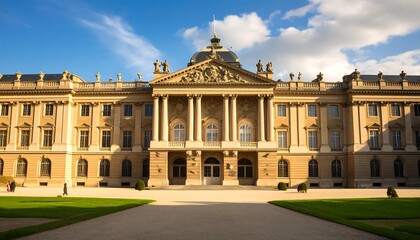Obraz premium A grand, light beige palace stands stately against a vibrant blue sky, showcasing architectural detail and a serene outdoor setting.