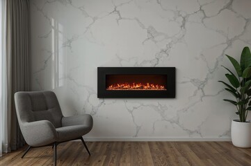 Broad view of a contemporary electric fireplace featuring lifelike flames installed on a sleek white marble surface. A comfortable gray armchair positioned nearby in a lounge area. Peaceful night