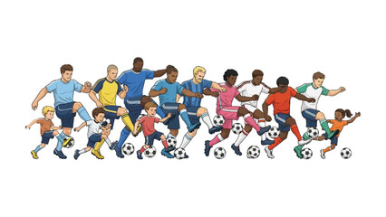 Soccer Players in Motion: A dynamic illustration captures the energy and diversity of a soccer team, with players of all ages and backgrounds showcasing their skill and passion for the game. © Azizun