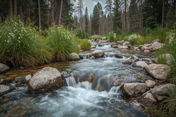 Obraz premium Fast-moving waters on a mountain stream in a remote forested area