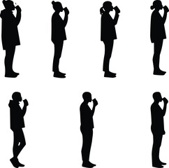 Silhouette people drinking coffee, casual lifestyle, beverage posture, black shadow figures, human activity, standing drinkers, social moment, minimalist design