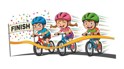 Triumphant Ride: Three young cyclists speed towards the finish line, their faces beaming with anticipation and joy, painted in a vivid illustration capturing the spirit of competition and camaraderie.