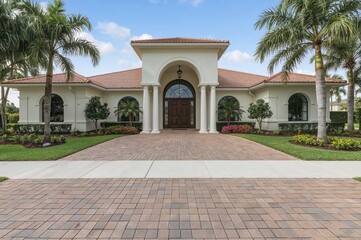 Obraz premium Sophisticated residence featuring a grand arched entryway with double doors, supported by side columns, surrounded by vibrant tropical plants and a spacious brick driveway connecting to the pavement.