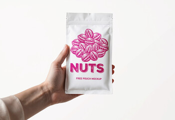 Hand holding a white pouch mockup with pink nuts illustration blank packaging template for branding and product presentation isolated on white
