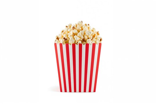 Striped red and white cardboard container filled with popcorn on a white backdrop