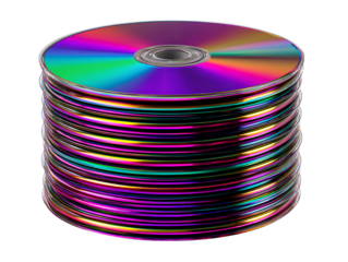 Stack of shiny iridescent C Ds or DV Ds with vibrant colors isolated on a transparent background